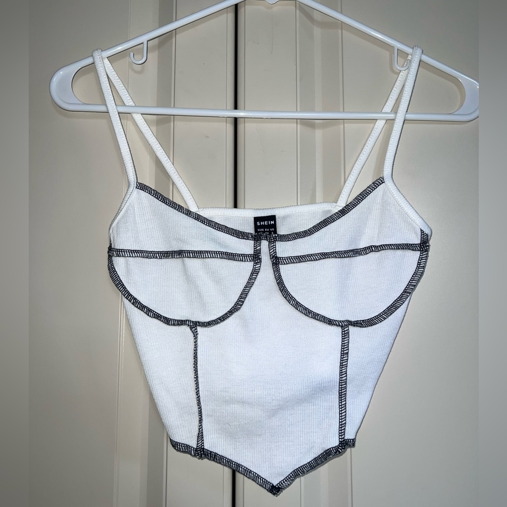 Shein White Handkerchief Crop top with Black Stitching Size XS